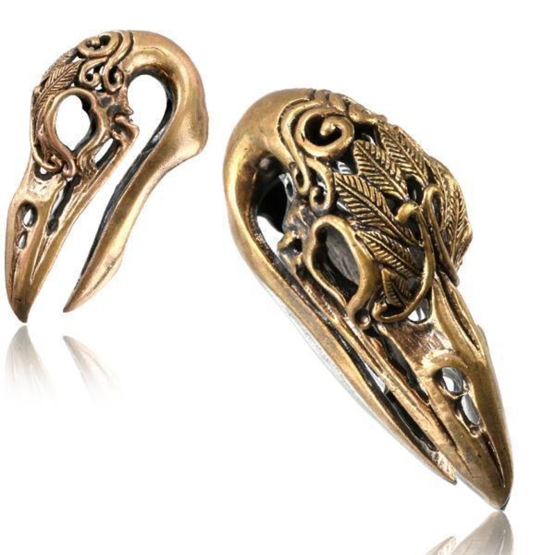 Rose Bronze Crow Skull Ear Weights PAIR