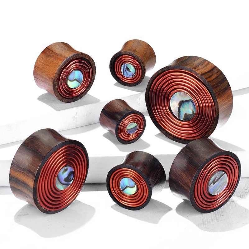 Sono Wood with Mother of Pearl and Copper Wire Coil Inlay Plugs (00 gauge – 1 inch) 00 g