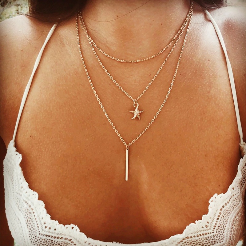 Aashi Star & Bar Pendant Charm Gold Layered Choker Necklace