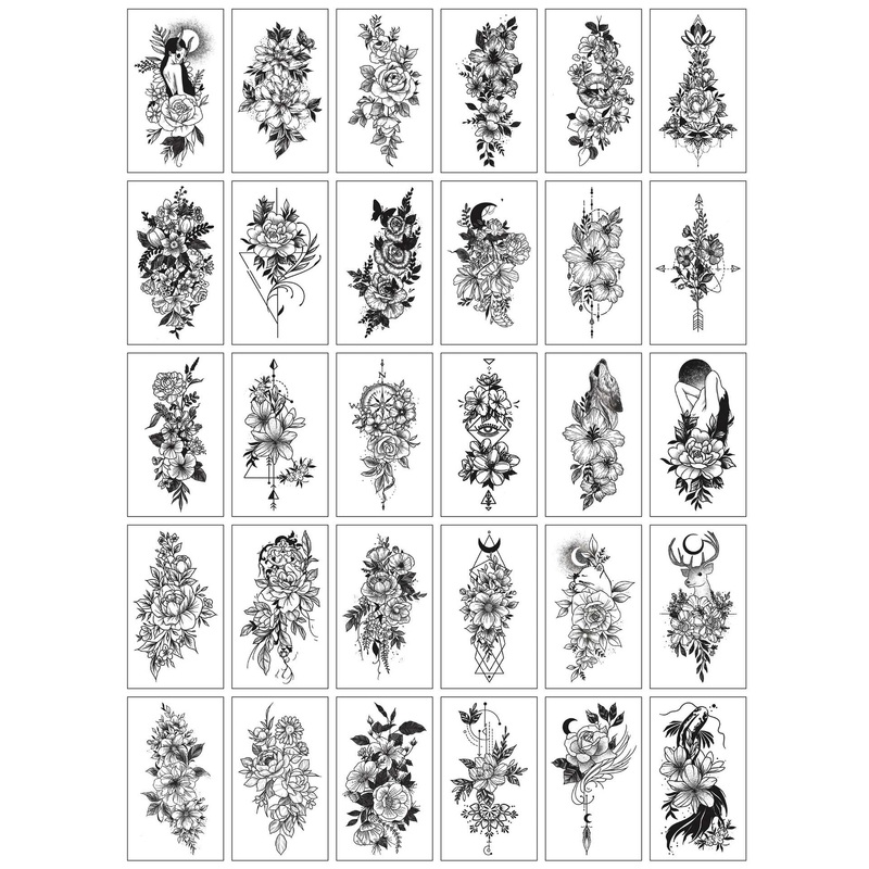 Bombshell Floral Flower 30 Pieces Temporary Tattoos Set Black Tattoos