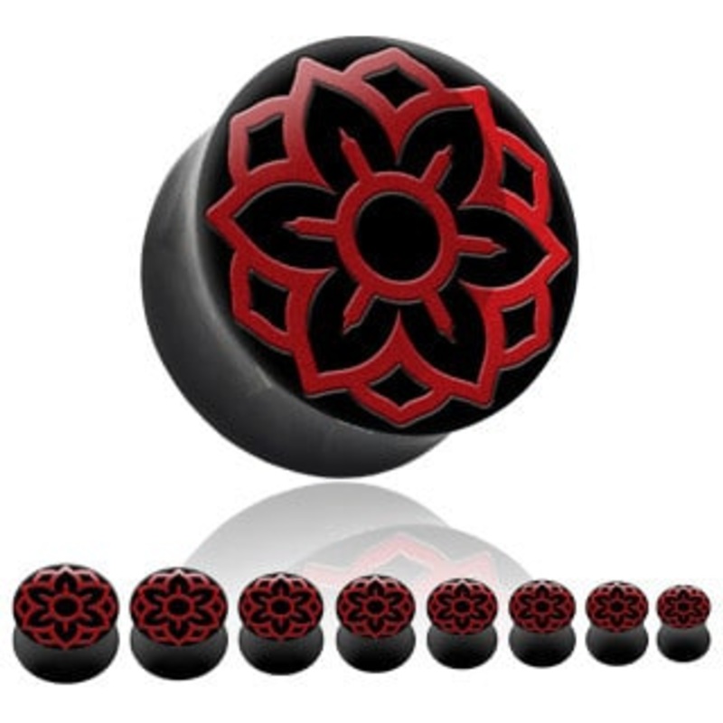 Buffalo Horn with Red Lotus Flower Inlay Plugs (0 gauge – 7/8 inch) 0 g