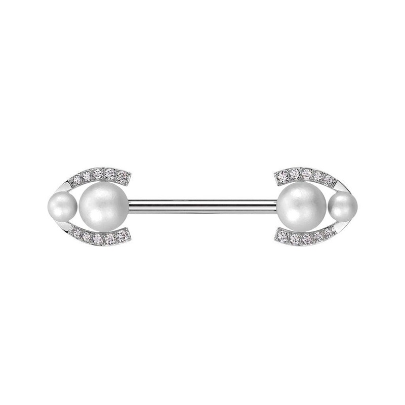 Double Pearl Nipple Bar 14G Gold