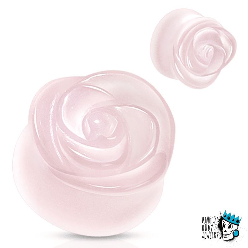 Rose Quartz Rose Carved Stone Plugs (1/2 inch – 13/16 inch) 2 g