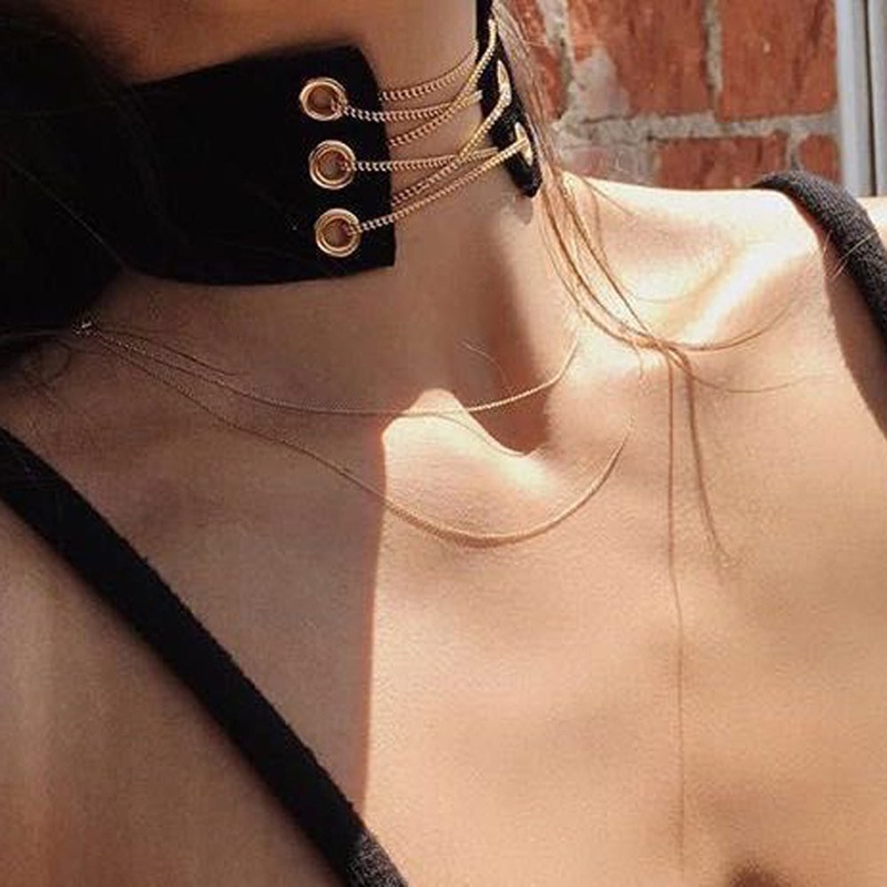 Salem Trendy Black Gold Chain Lace Up Choker Necklace