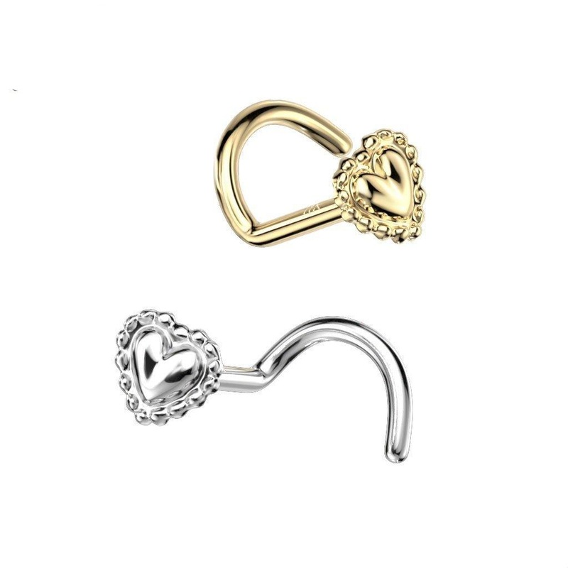 14kt Gold Beaded Heart Nose Screw 20G White Gold