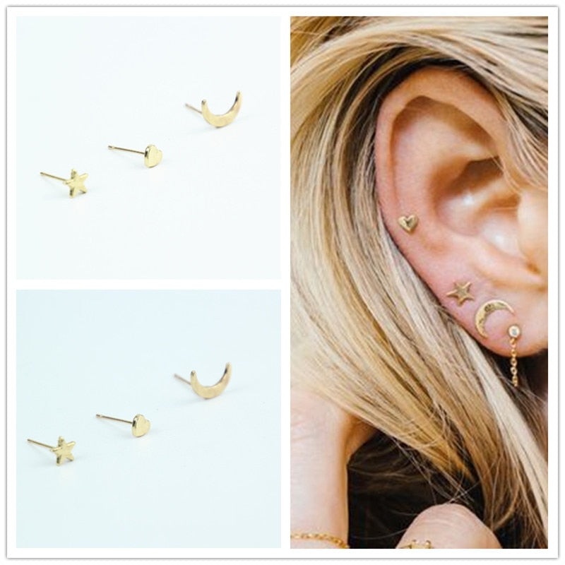 Comet 3 Pcs Star Moon & Heart Gold Earring Set