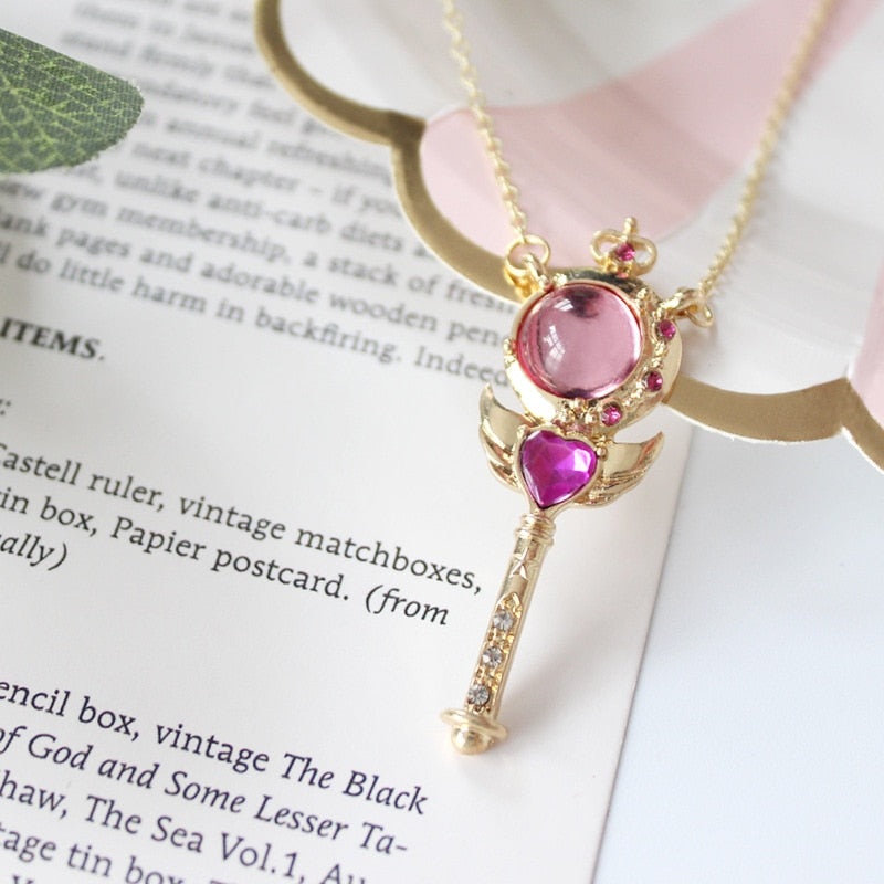 Crescent Moon Wand Cute Sailor Moon Inspired Pink Gold Pendant Necklace