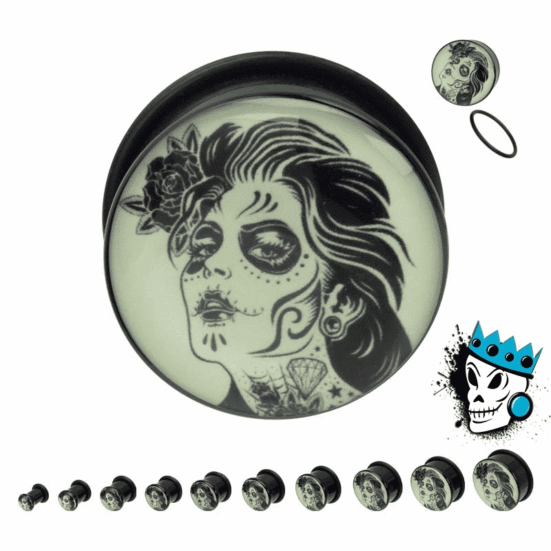 Day of the Dead Girl Glow in the Dark Plugs (2 gauge – 1 inch) 2 g