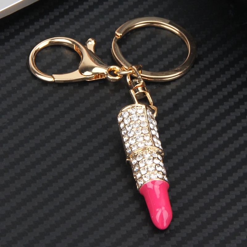 Diva Crystal Lipstick Makeup Keychain in Gold Hot Pink