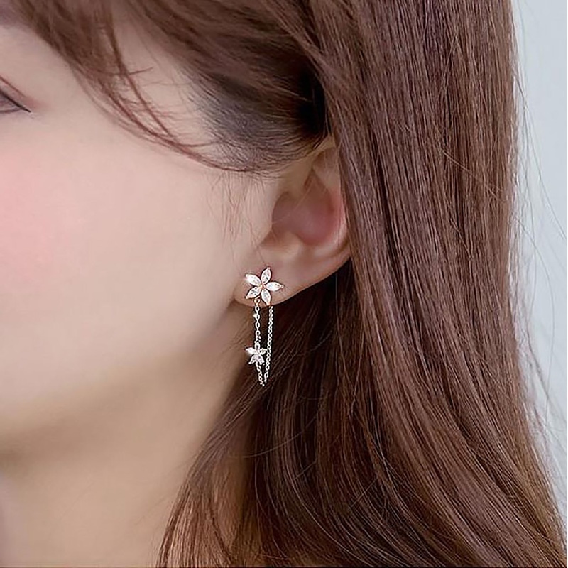 Everly Cute Crystal Flower Rose Gold Chain Dangle Earring Studs Rose Gold