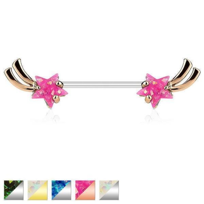 Glitter Opal Shooting Star Nipple Bar 14G White Star * Gold Tail