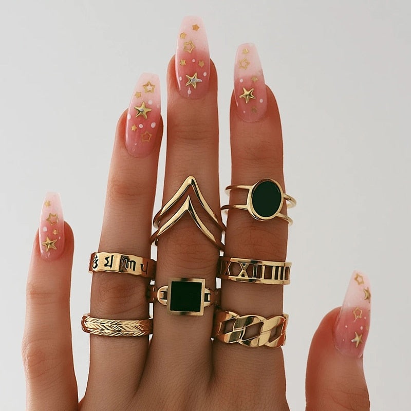 Hardy Cute Unique Stackable Gold Statement 7 Piece Ring Set