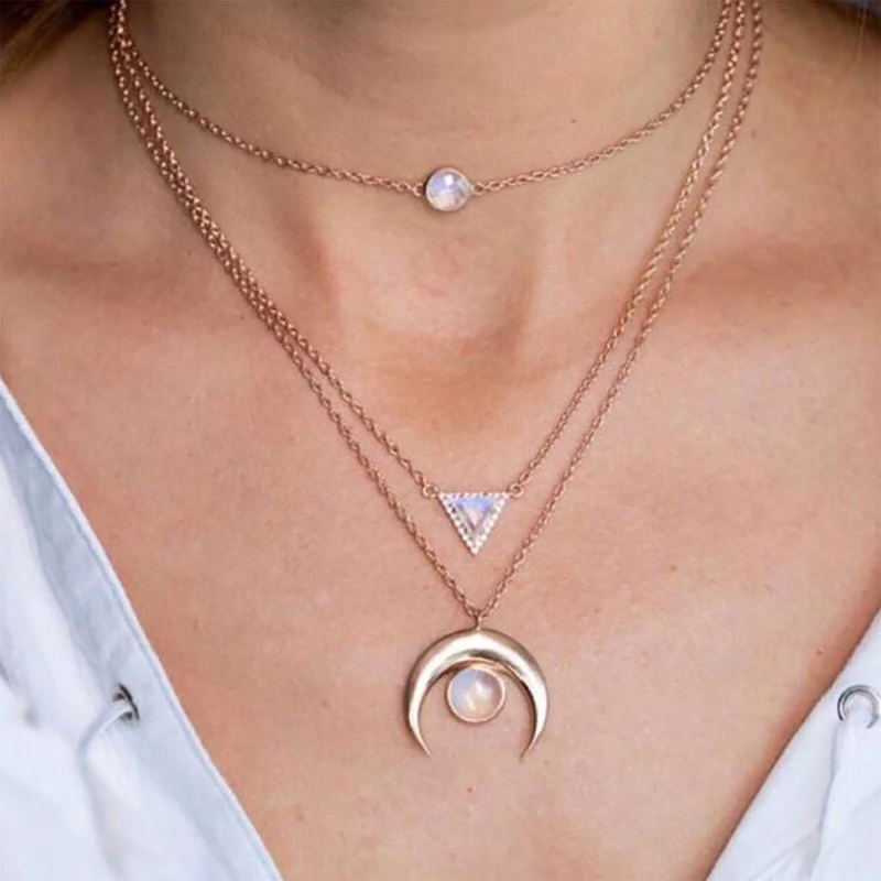 Jessa Boho Opal Moon Triple Layered Choker Necklace in Rose Gold