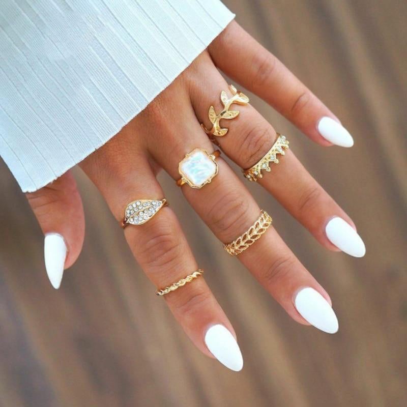 Naya Cute Boho Unique Stackable Gold Crown & Leaf Statement 6 Piece Ring Set