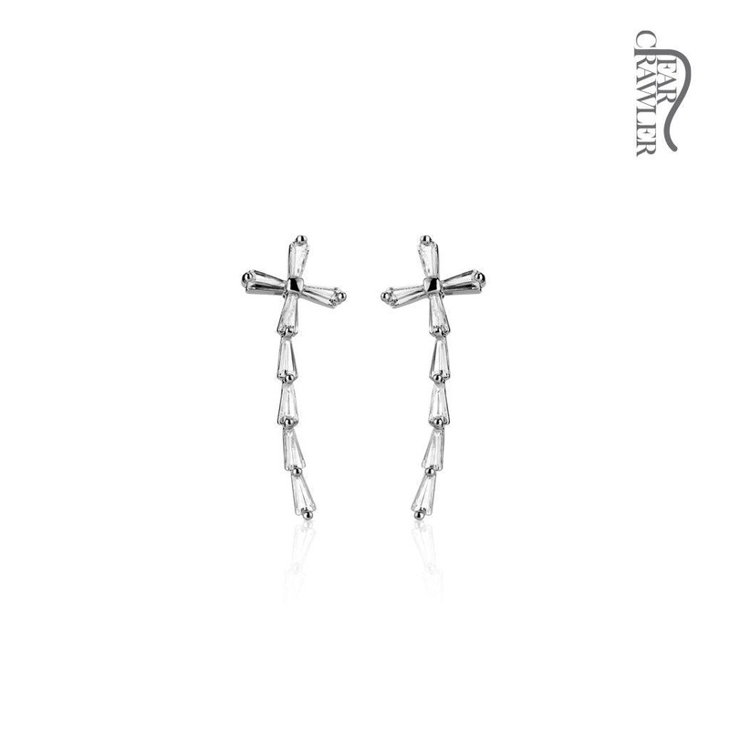 Princess Cut Cross Ear Crawler Pair