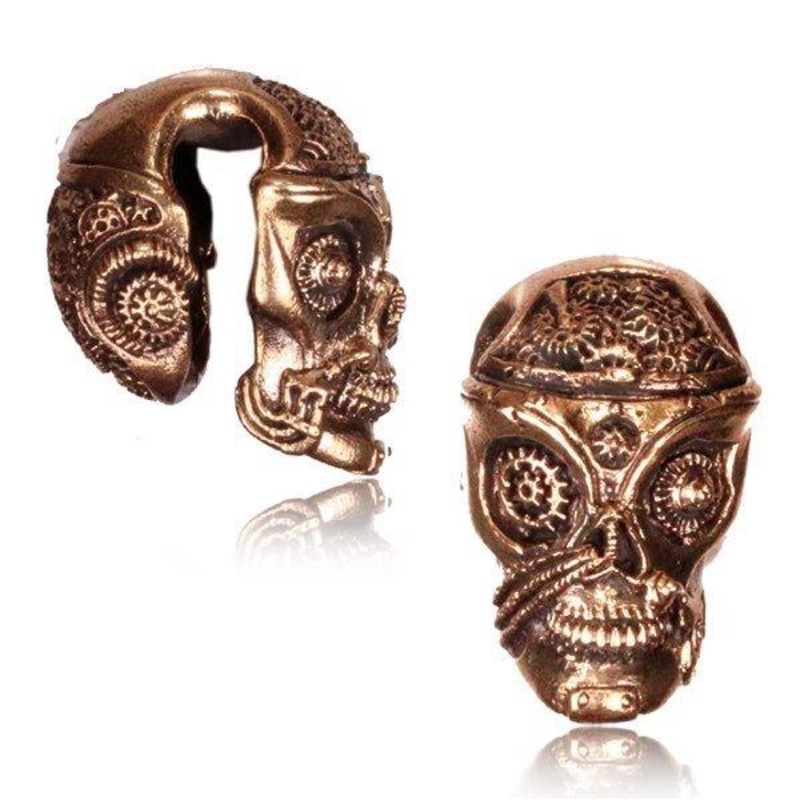 Steampunk Skull Brass Ear Weights PAIR