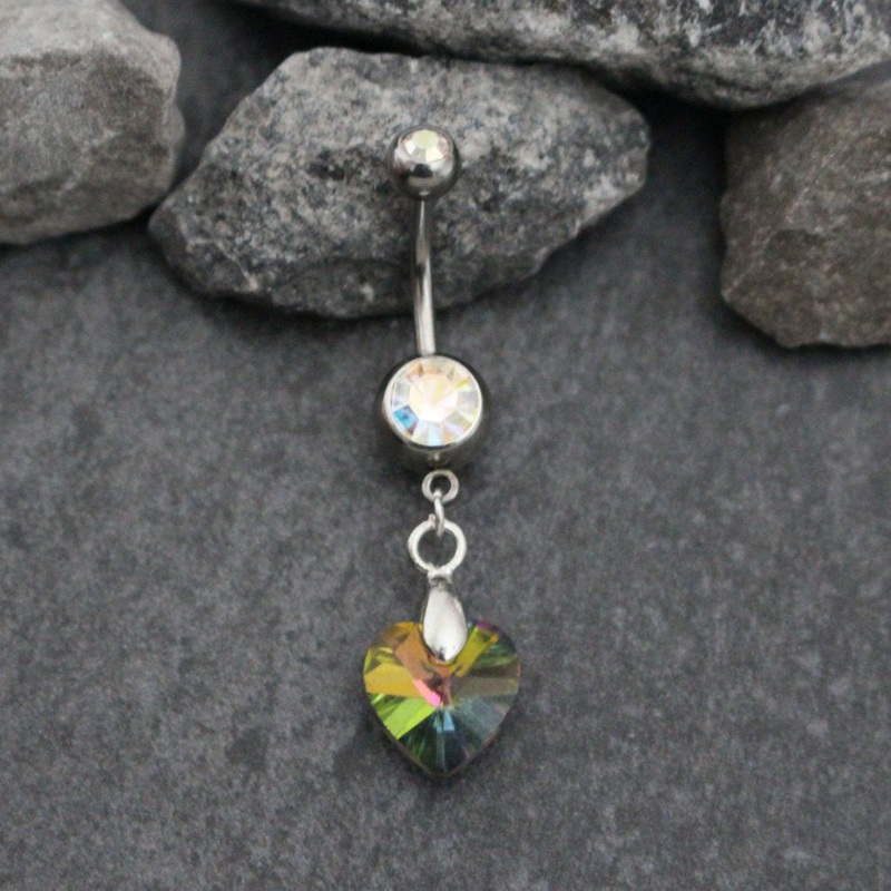 Sythia Heart Belly Ring with Rainbow Crystals