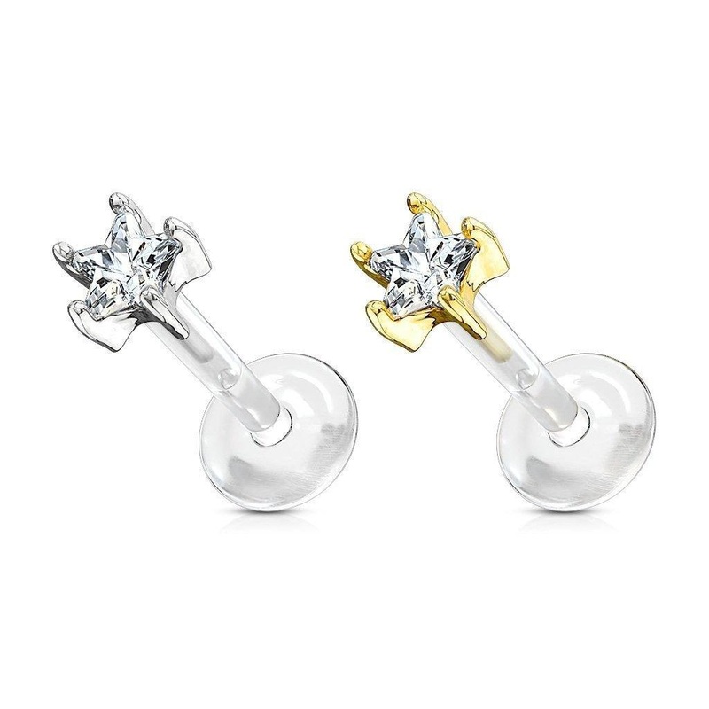 14kt Gold Star Gem Bioflex Labret 16G White Gold 6mm