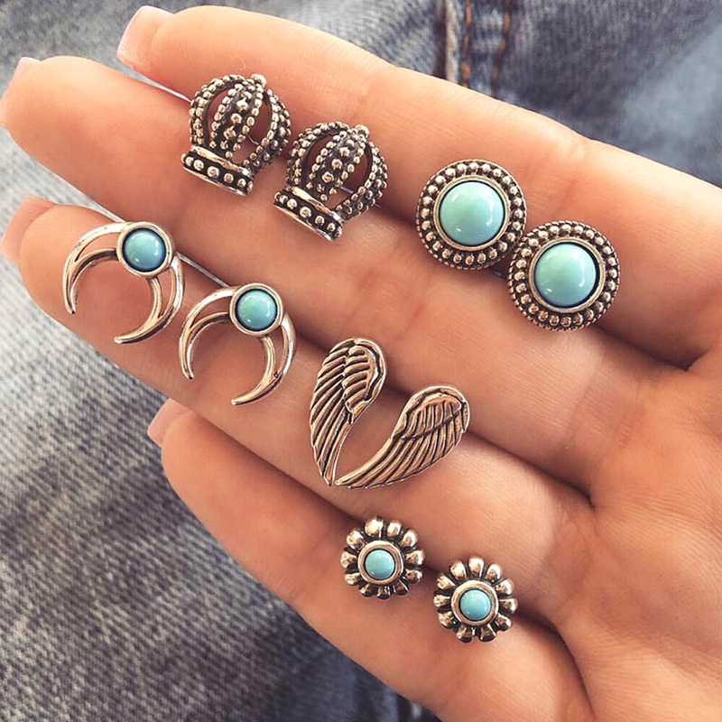 Adrie Boho Vintage Turquoise Moon Angel Wings Crown Ear Piercing Earring Set 5 Pairs