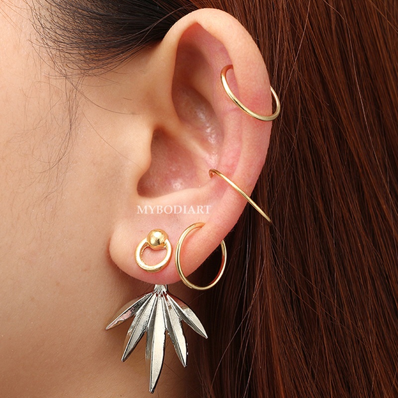 Cali Boho Gold Cartilage Hoop Ring Cuffs Leaf Ear Jacket Earring Set 5 Pieces