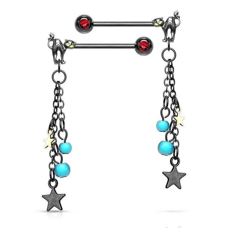 Cat and Stars Nipple Dangle PAIR 14G
