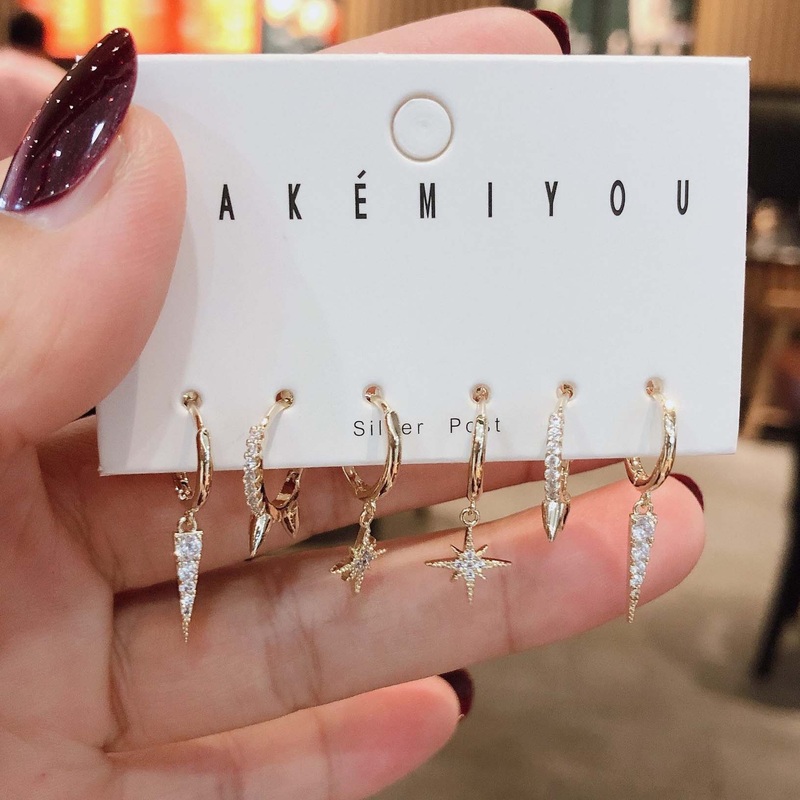 Etherial Celestial Spikes Pave Huggie Hoop Earring Stud Set 6 Pieces Gold