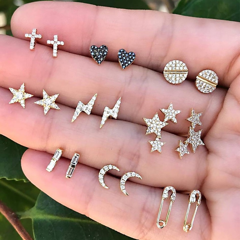 Misty Crystal Stars, Moon, Lightning Bolt Stud Earrings in Gold 9 Pairs