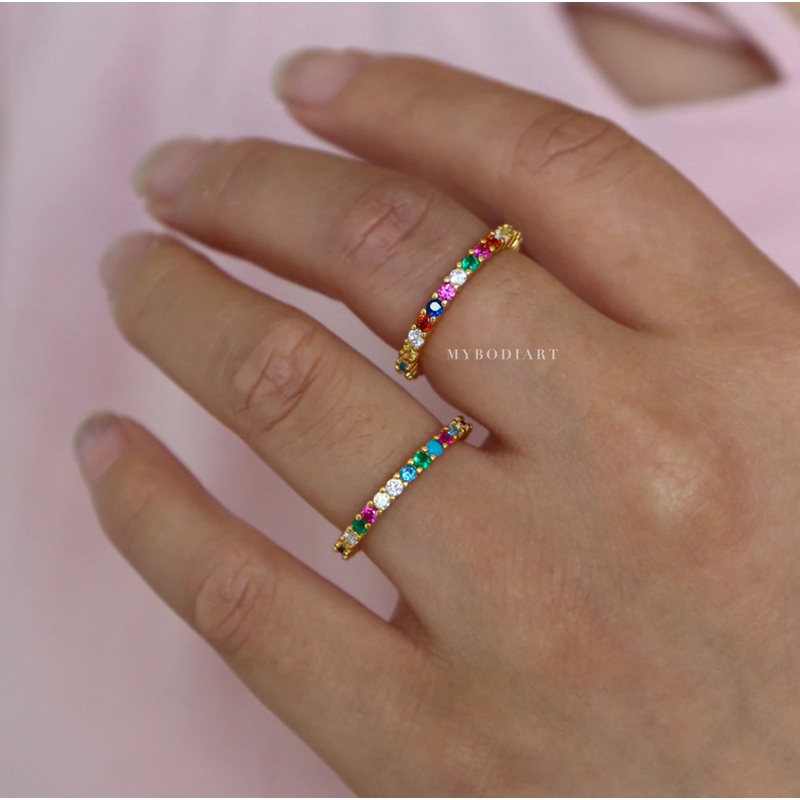 Shimmer Dainty Colored Rainbow Crystal Gemstone Pave Stackable Rings Gold 5