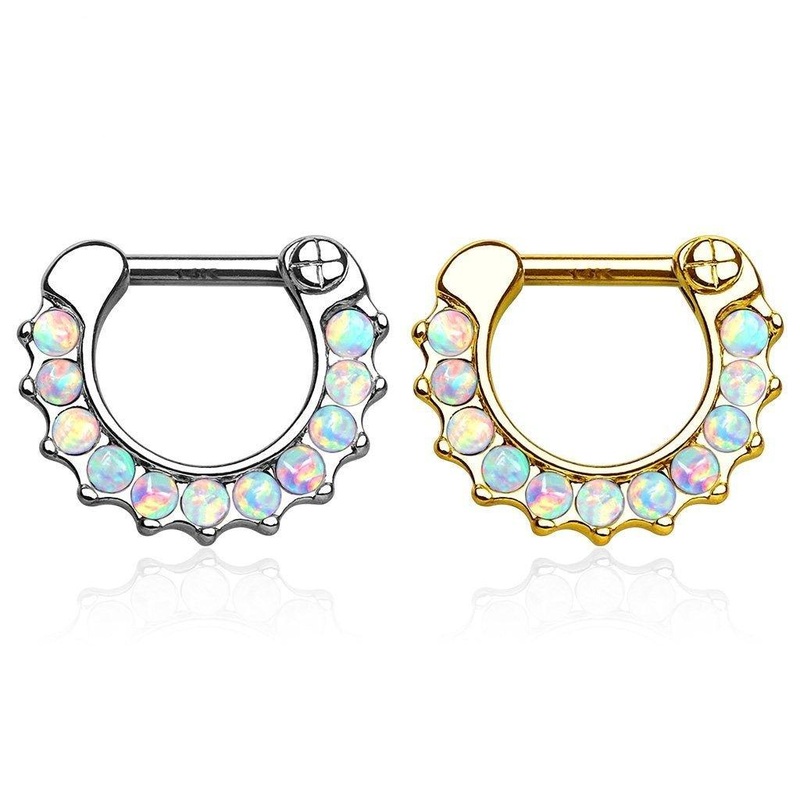 14kt Gold Opal Paved Septum Clicker 16G White Gold
