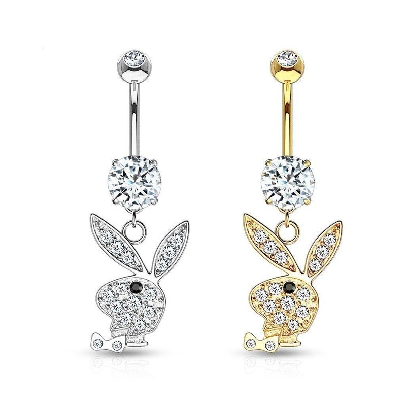 14kt Gold PLAYBOY Dangle Belly Bar 14G White Gold