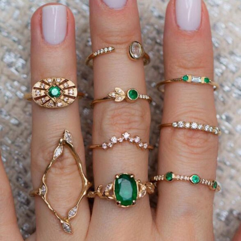 Jasmine Cute Luxury Unique Stackable Green Emerald Gold Statement 9 Piece Ring Set
