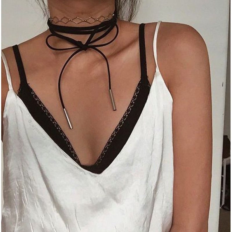 Laura Suede Leather Tie Up Wrap Choker Necklace Black