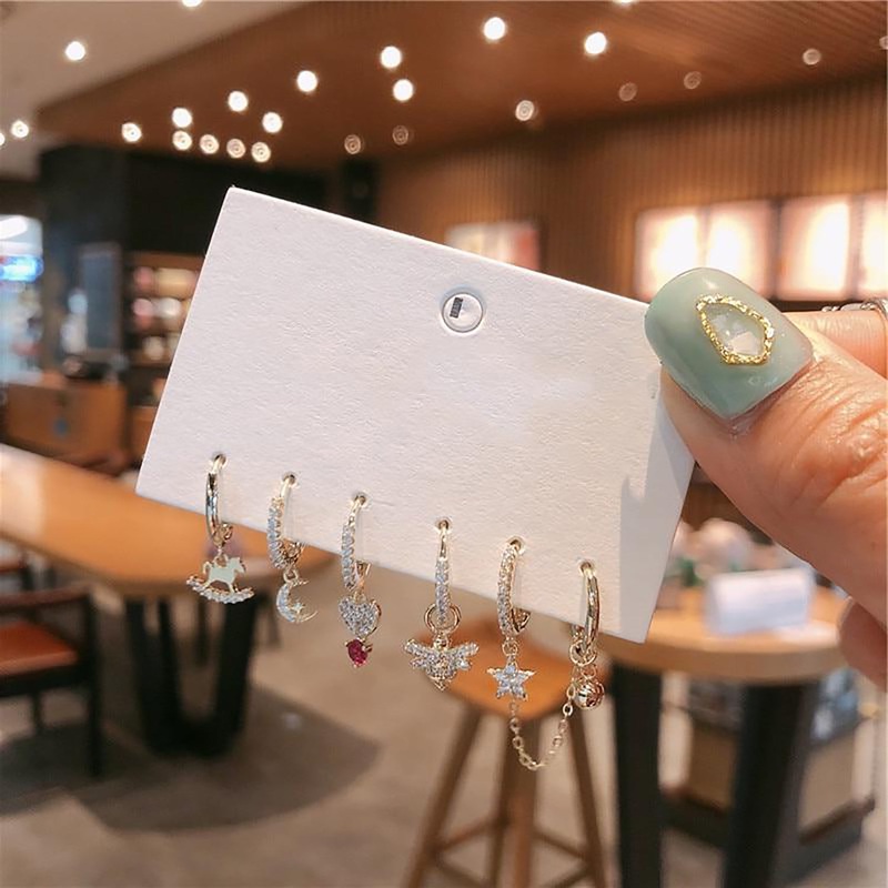 Mira Crystal Star Moon Horse Chain Dangle Gold Hoop Huggie Earrings