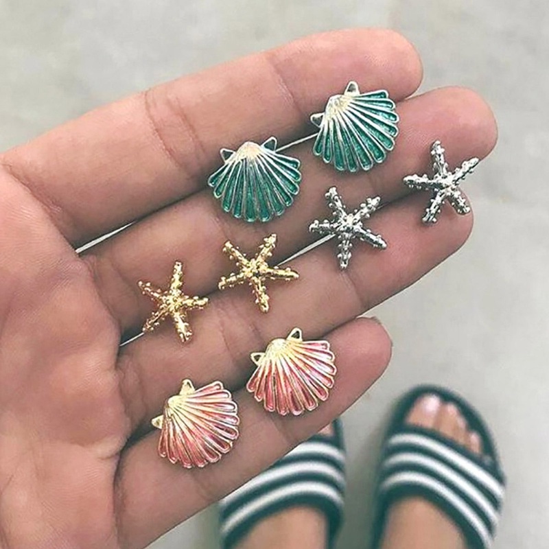 Pacific Seashell Shell Starfish Star Beach Ear Piercing Earring Set 4 Pairs