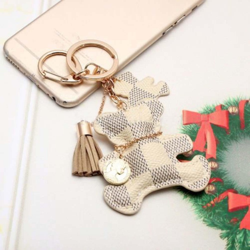Pookie Checkered Double Teddy Bear Keychain with Tassel Checkered Beige