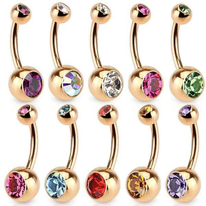 Rose Gold Plated Gem Ball Belly Bar 14G 16G Aqua