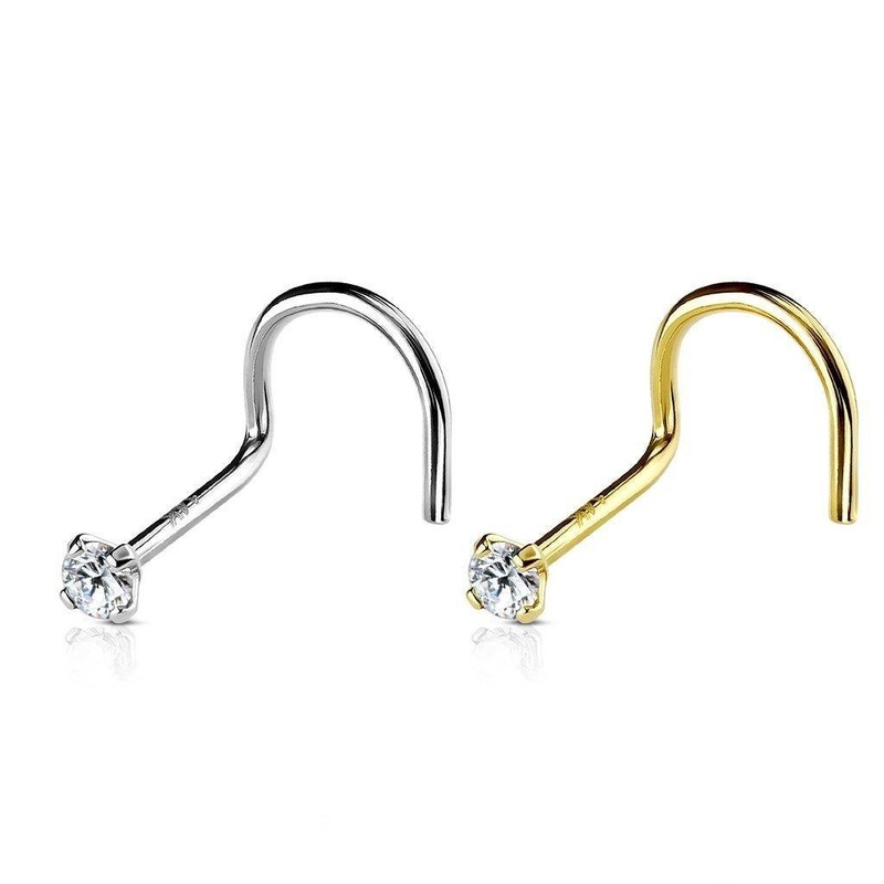 14kt Gold Prong Gem Nose Screw White Gold 20G