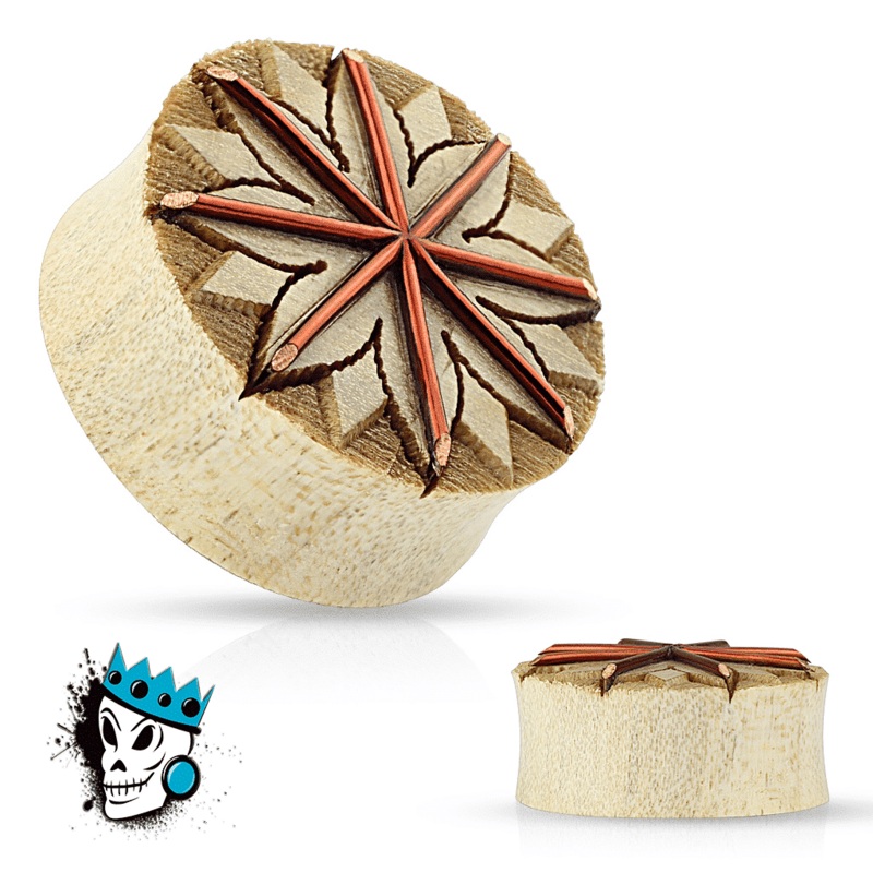 Crocodile Wood with Copper Wire Centered Tribal Lotus Carved Plugs (00 gauge – 1 inch) 00 g