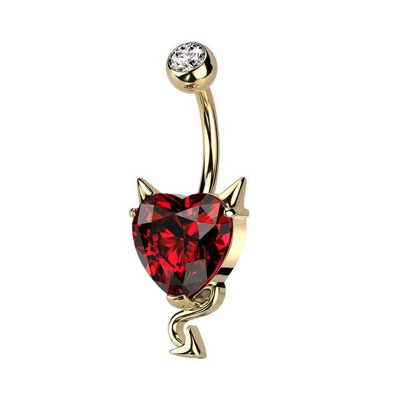 Devil Heart Belly Bar 14G Gold