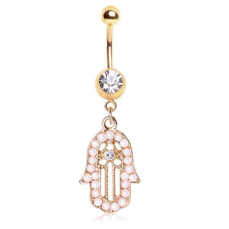 Gold Plated Hamsa Belly Bar 14G