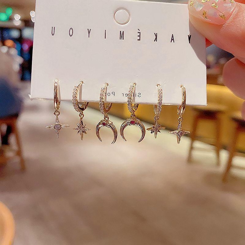 Luna Celestial Dangle Pave Huggie Hoop Earring Set 3 Pairs Gold