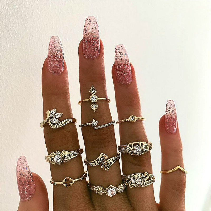 Asia Boho Stackable Midi Antiqued Gold 11 Piece Ring Set