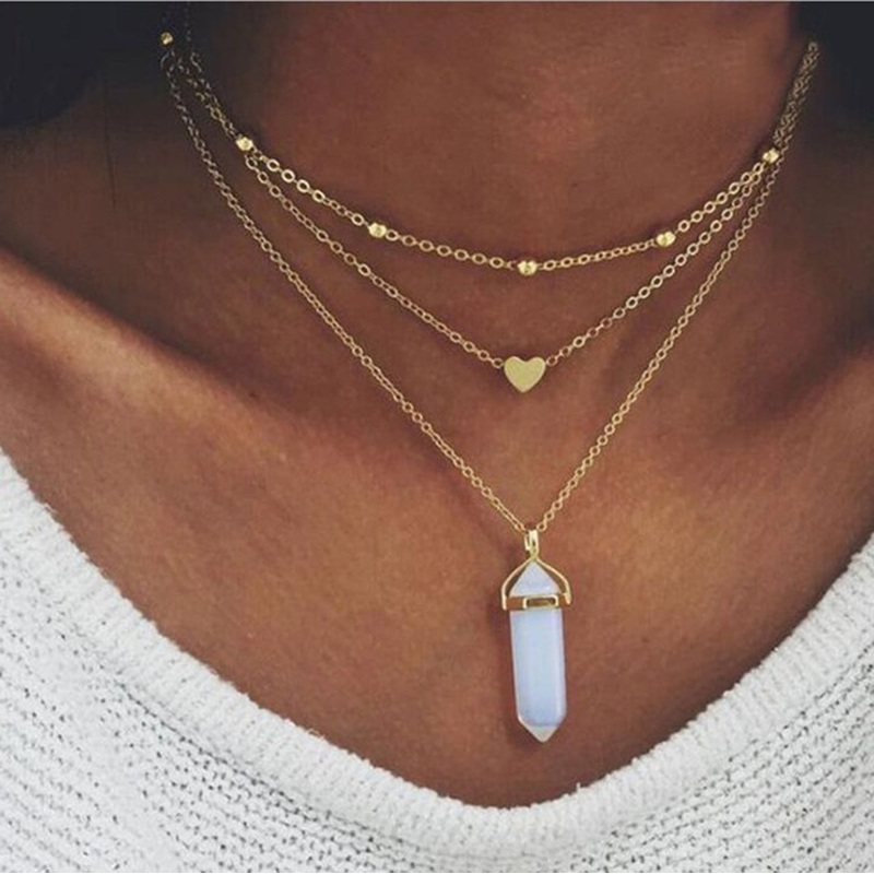 Julianna Opal Gemstone Triple Layered Heart Choker Necklace in Gold Opal