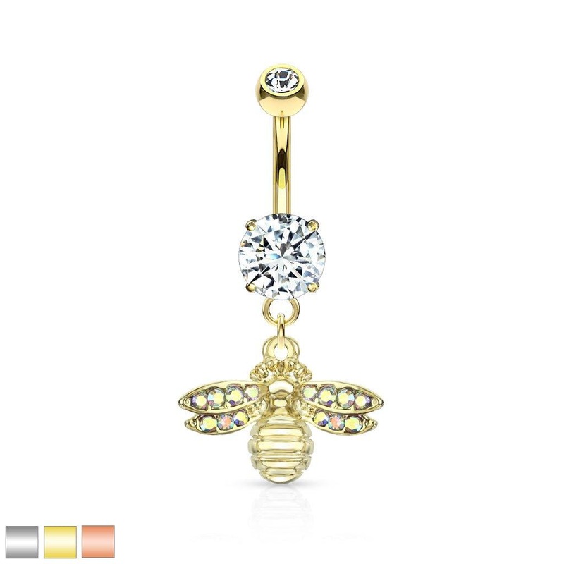 Paved Bee Dangle Belly Bar 14G Gold