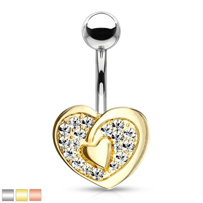 Paved Heart Belly Bar 14G Gold
