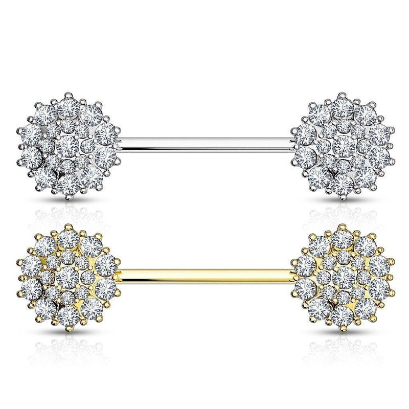 14kt Gold Paved Gem Nipple Bar 14G White Gold