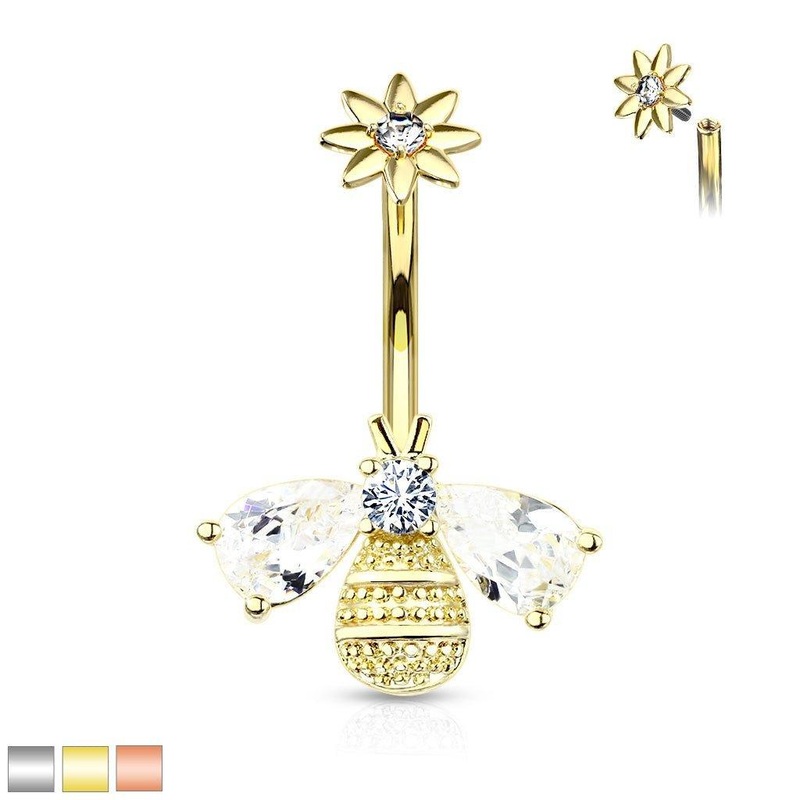 Bee and Flower Belly Bar 14G Gold