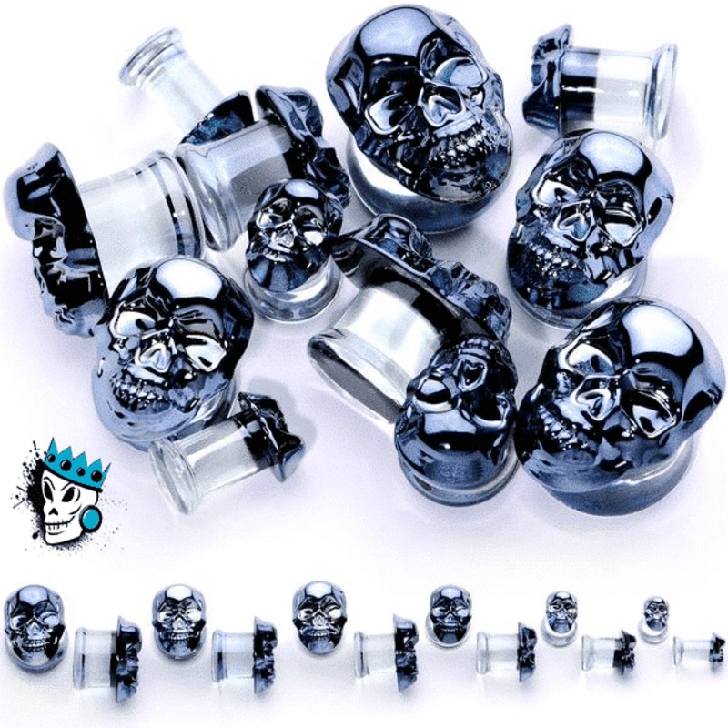 Black Metallic Skull Glass Plugs (2 gauge – 1 inch) 2 g
