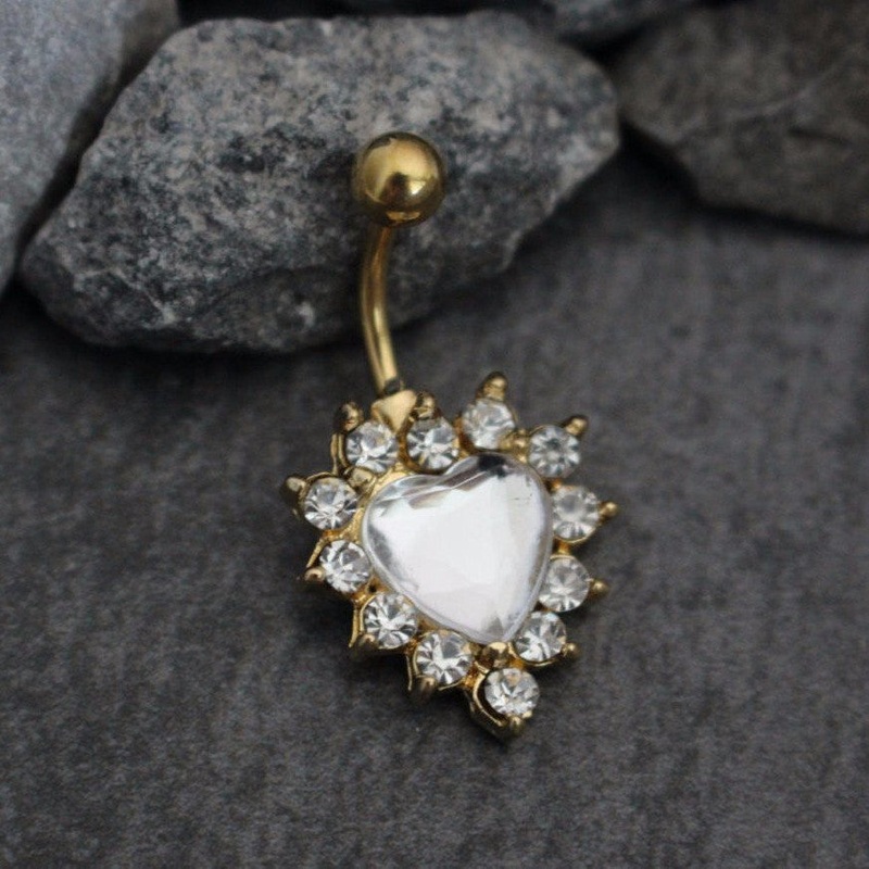 Clea Heart Belly Bar in Clear Crystals Clear