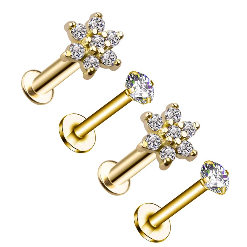 Flora Flower & Round Prong 4 Piece 16G Barbell Set Gold 16G